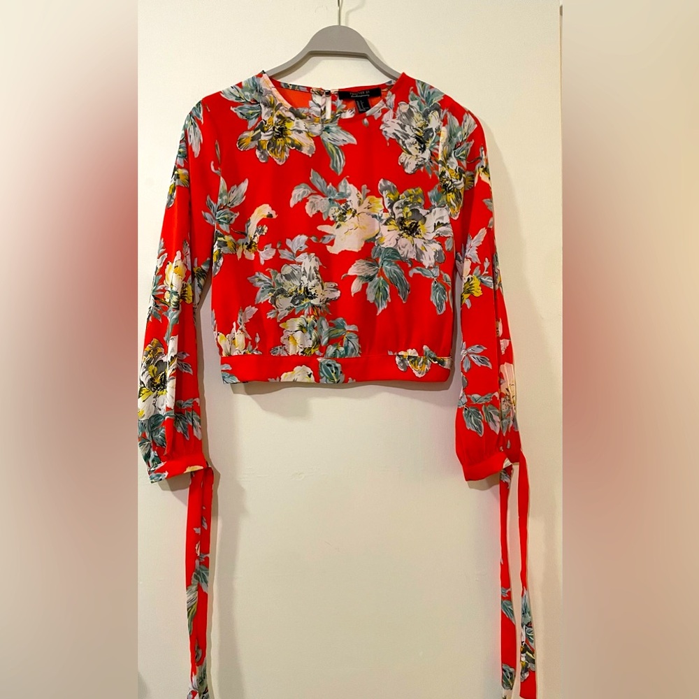 Forever 21 Contemporary Orange Floral Print Long Sleeves Top